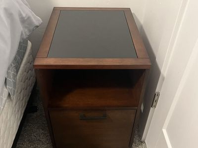 Wood Nightstand with Tinted Glass Top and Storage Drawer on Casters