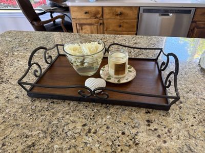 Cute wrought iron and wood tray accessories not included 20” L by 12”
