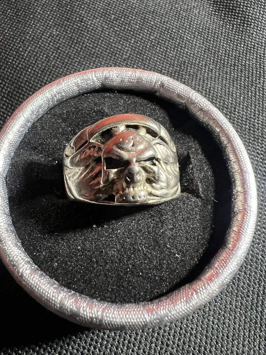 Skull Design Silver Tone Ring with Unique Carvings - Size 9