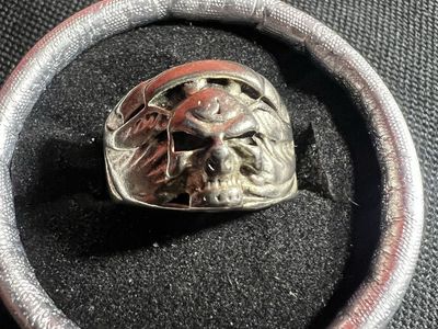 Skull Design Silver Tone Ring with Unique Carvings - Size 9