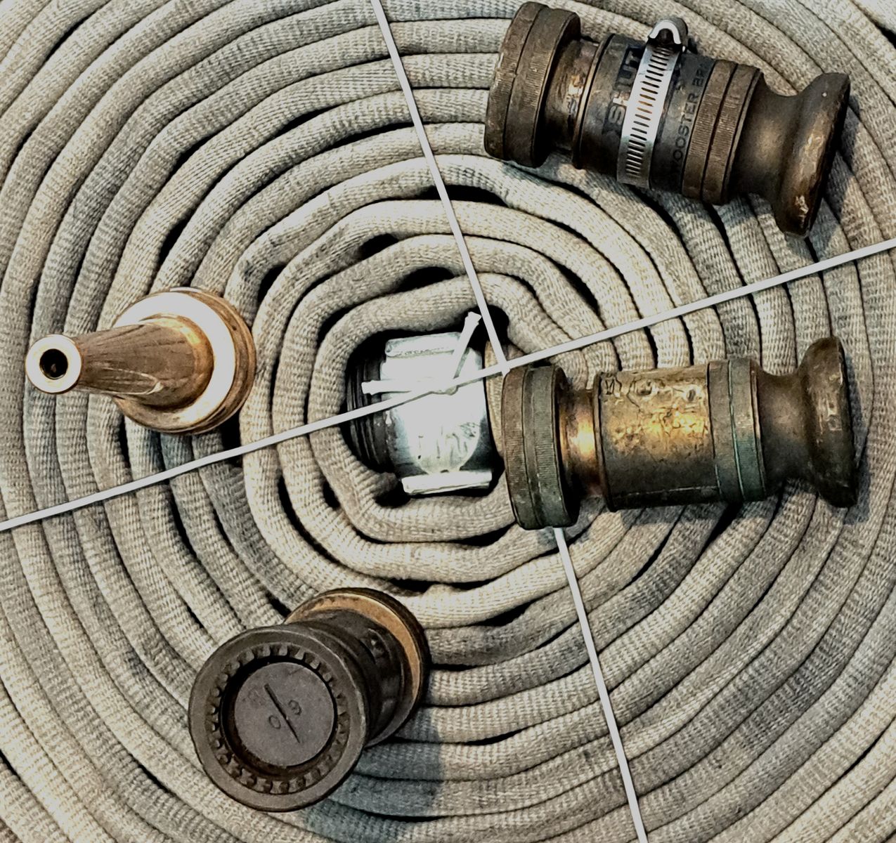 FOUR (4) Vintage Brass Fire Nozzles  PLUS +50 feet of Fire Hose w/ org connecting metal ends ALL in VG Condition