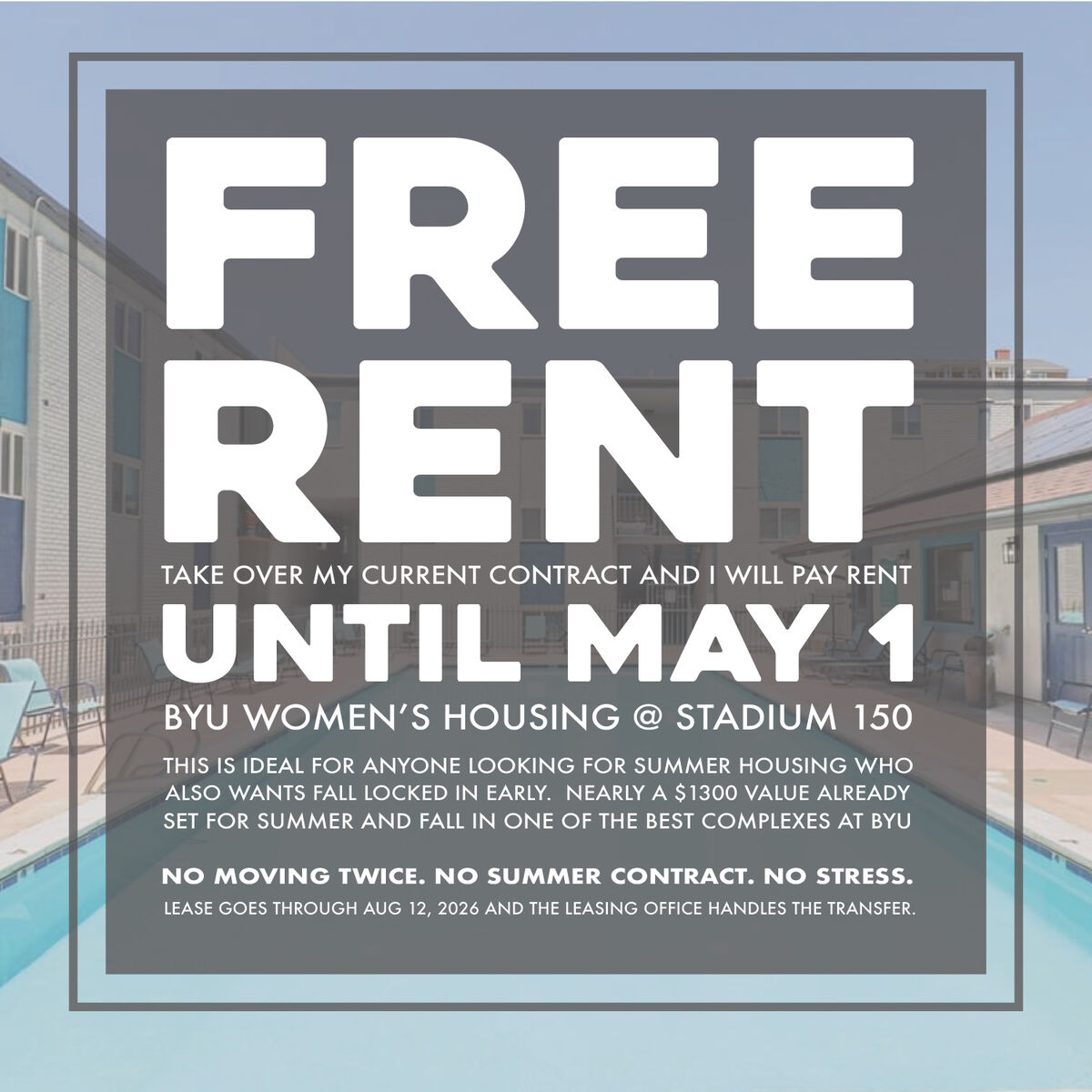SUMMER HOUSING SOLVED + FREE RENT UNTIL MAY 1
