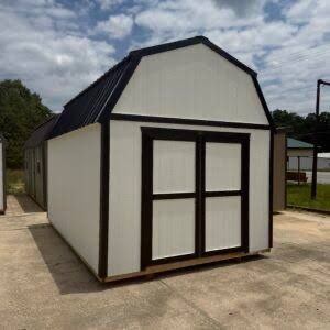 Gambrel Style Storage Shed - White with Black Trim & Roof Premier portable buildings. Made to order pick your colors.
