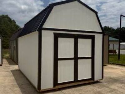 Gambrel Style Storage Shed - White with Black Trim & Roof Premier portable buildings. Made to order pick your colors.