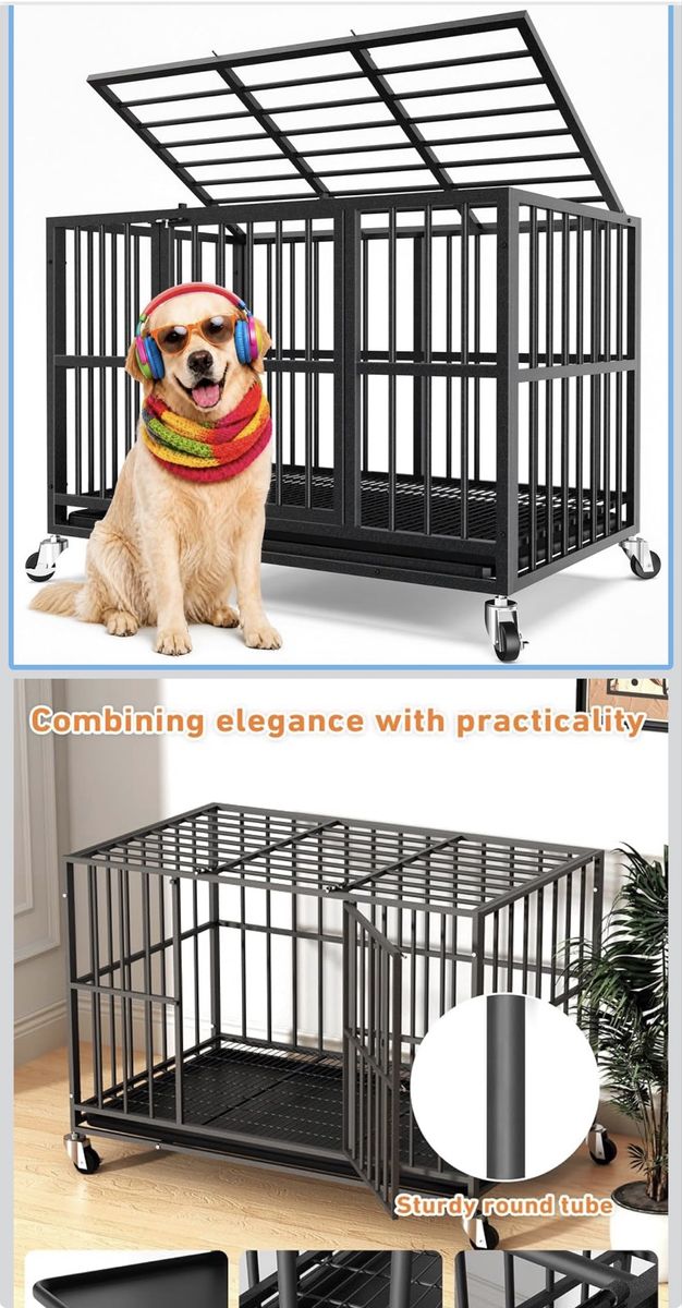 Heavy Duty Metal Dog Crate Kennel with Dual Doors and 360° Wheels, 46.9"