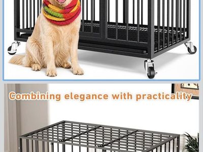 Heavy Duty Metal Dog Crate Kennel with Dual Doors and 360° Wheels, 46.9"