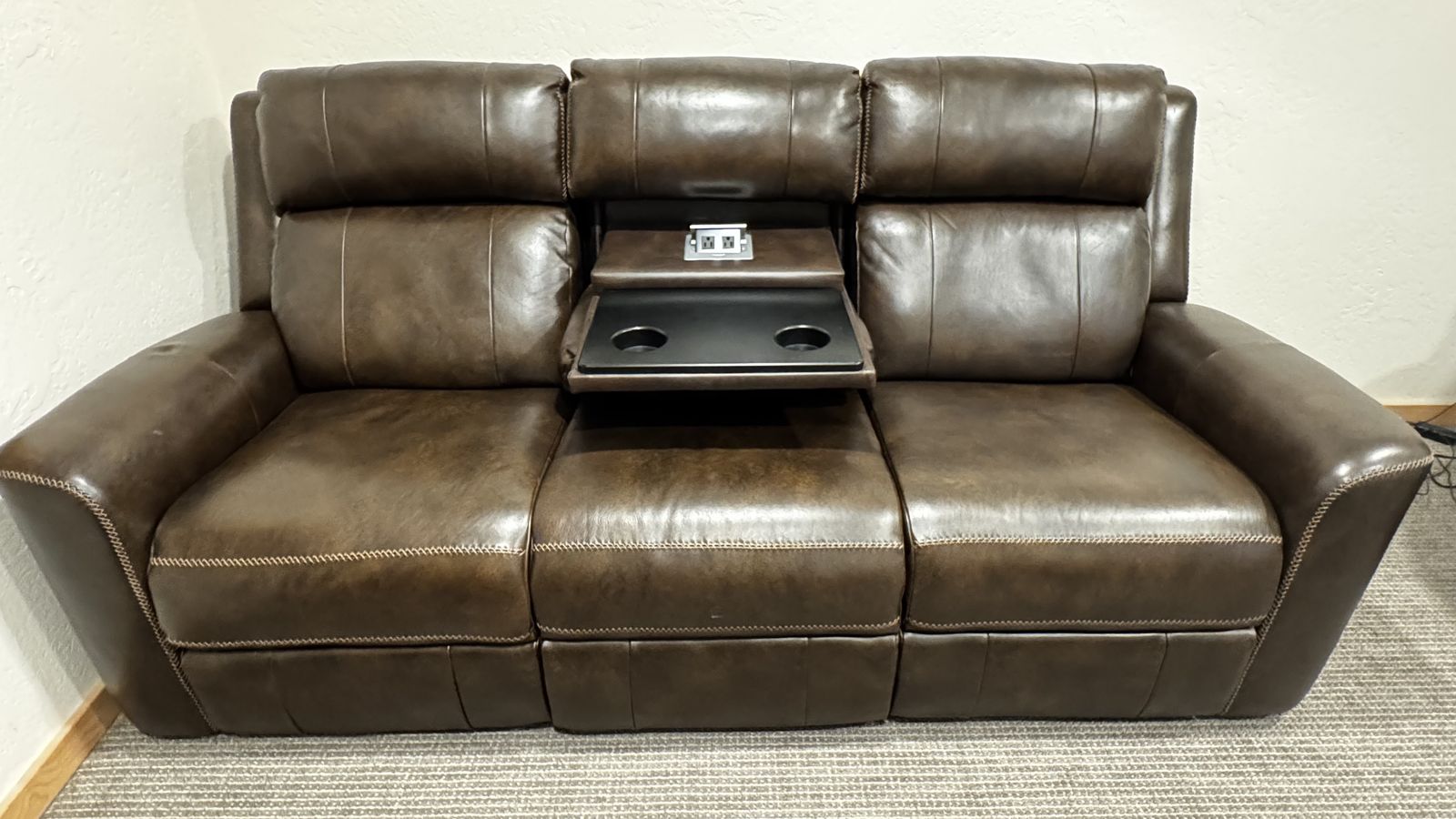 Brown Leather-Look Power Reclining Sofa