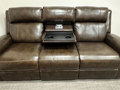Brown Leather-Look Power Reclining Sofa