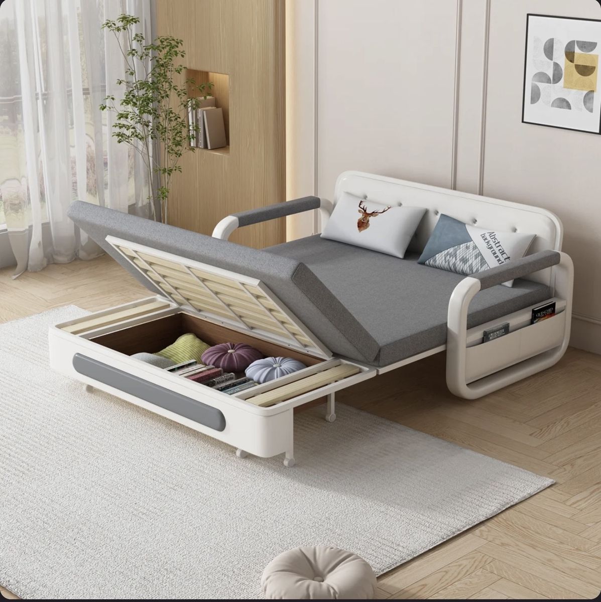 Latitude Run Vergel 50.3" Slipcovered Sleeper Sofa w/ Storage, Gray/White