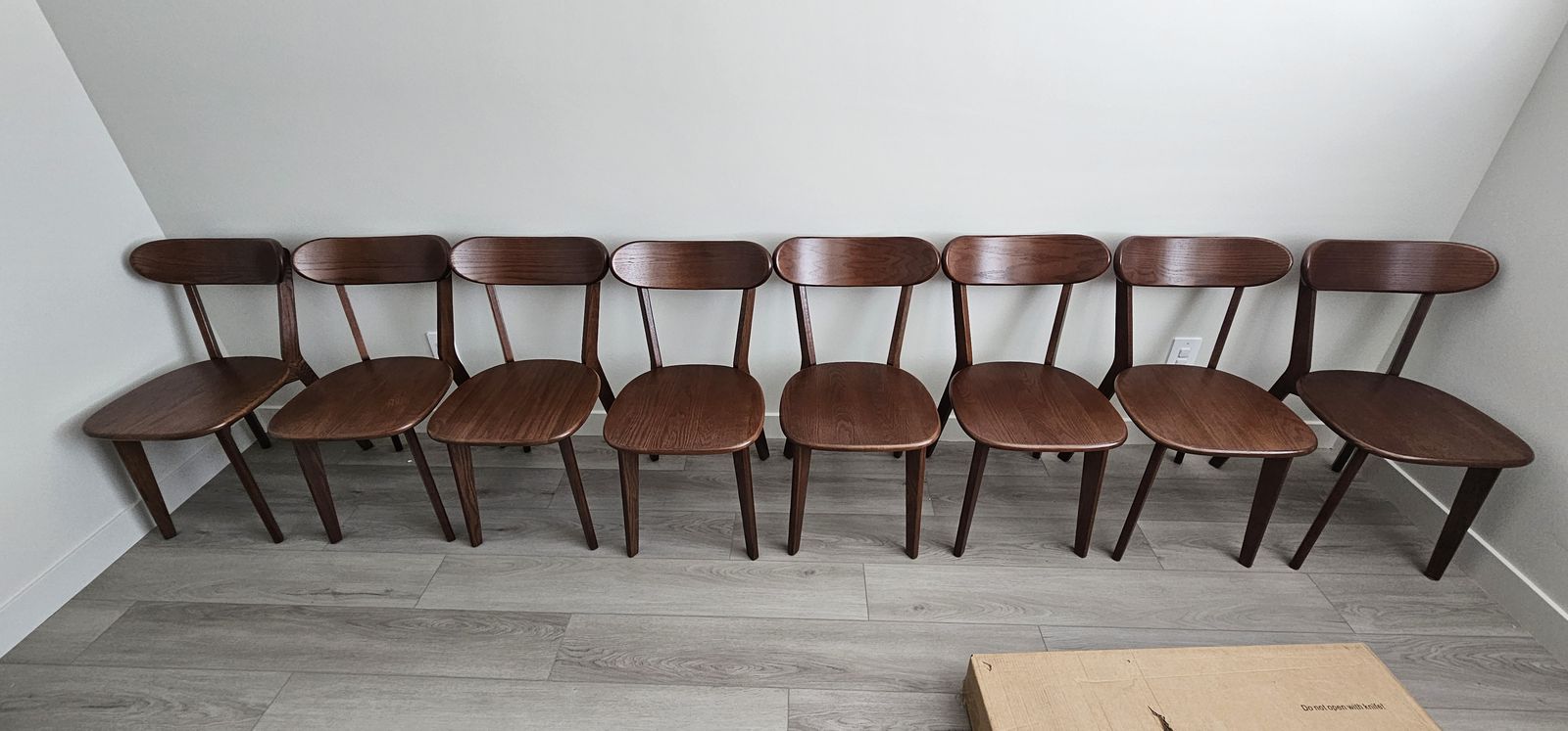 Solid Oak dining chairs, walnut stain.