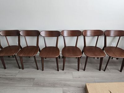 Solid Oak dining chairs, walnut stain.