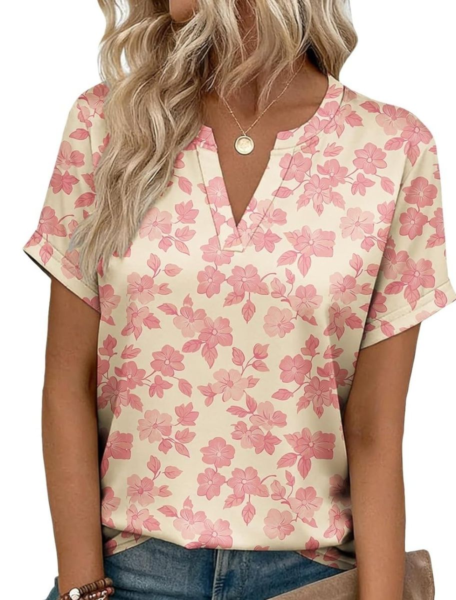 New Women's Pink Floral V-Neck Short Sleeve Top
