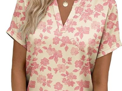 New Women's Pink Floral V-Neck Short Sleeve Top