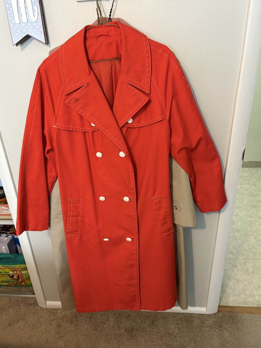 Vintage Penn-Prest Women's Bright Orange Double Breasted Duck Cloth Car Coat, 1960s Fashion Apparel, Size M-L