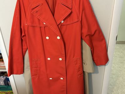 Vintage Penn-Prest Women's Bright Orange Double Breasted Duck Cloth Car Coat, 1960s Fashion Apparel, Size M-L