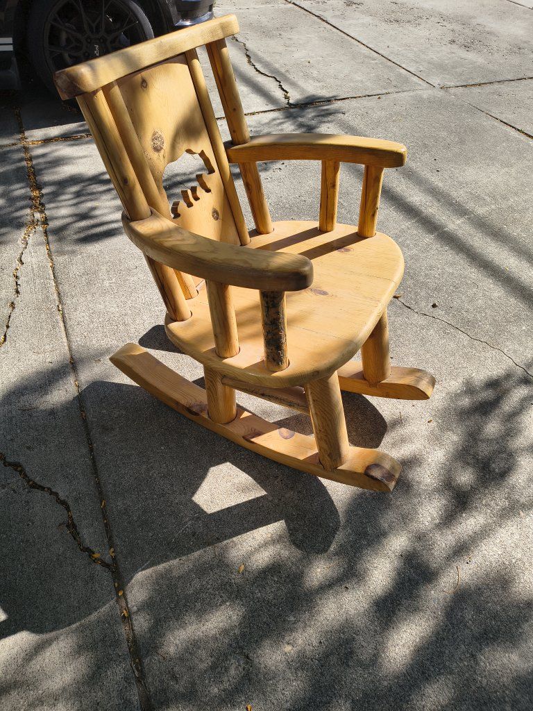 Handmade Wooden Log Child's Rocking Chair - Bear Cutout
