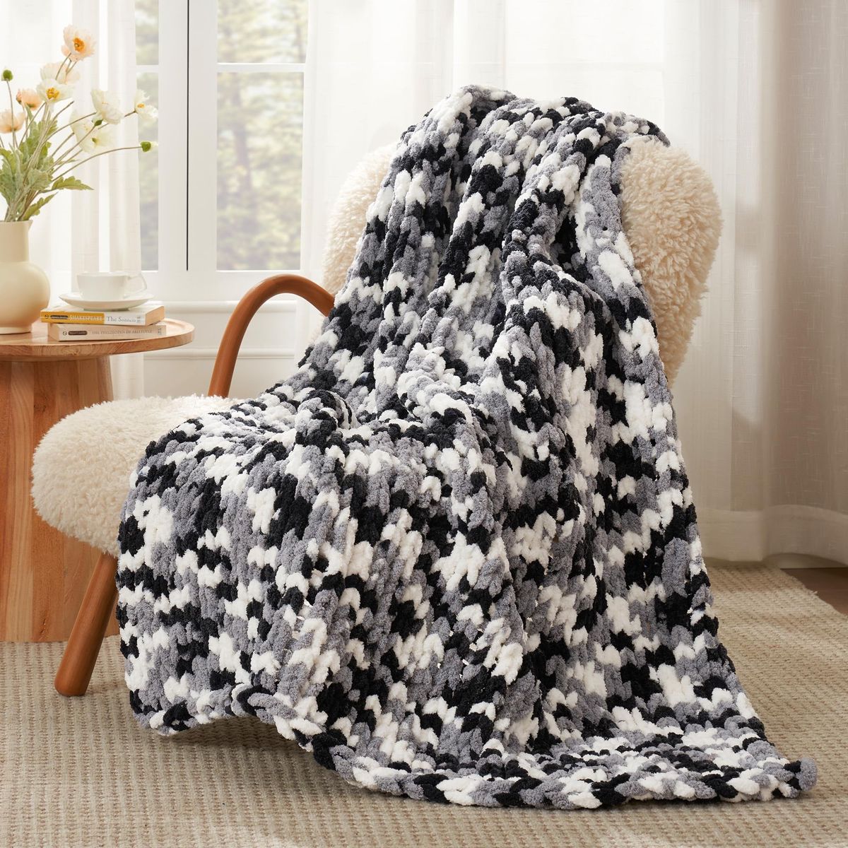 New! Amélie Home Chunky Knit Throw Blanket for Couch, Soft Chenille Crochet Blanket for Sofa, 50"x60", Space-Dyed Black