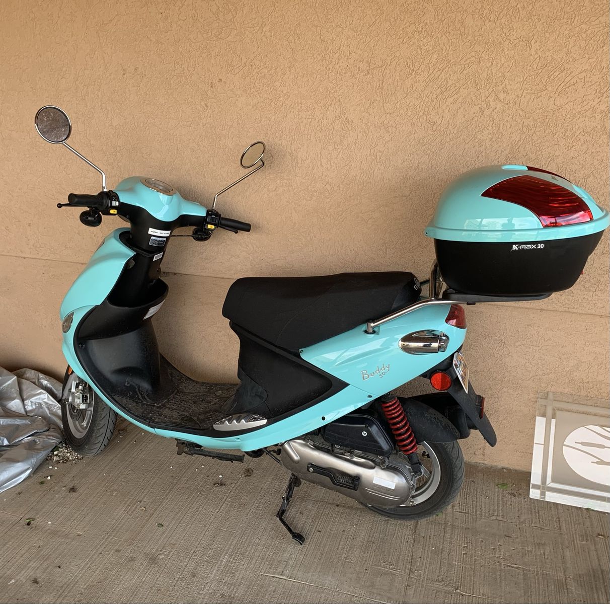 Genuine Buddy 50cc Scooter - Aqua Blue with K-Maxx 30 Top Case - Fun & Economical Ride