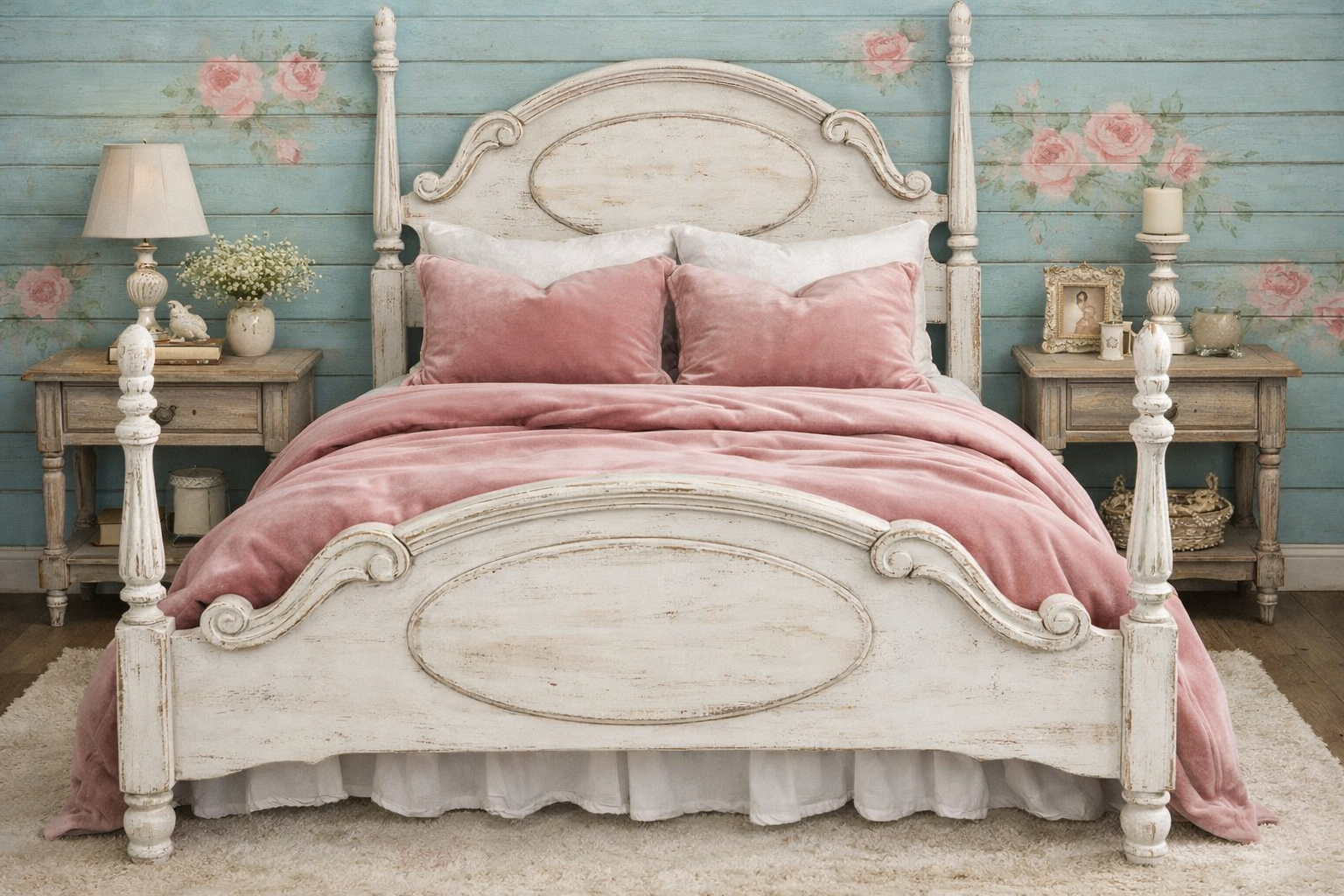 Fairytale Queen/Full 4 Poster Bed Frame Shabby Chic White French Country Farmhouse Cottagecore