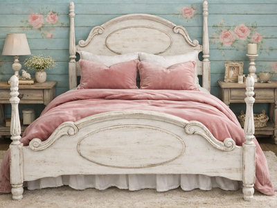 Fairytale Queen/Full 4 Poster Bed Frame Shabby Chic White French Country Farmhouse Cottagecore