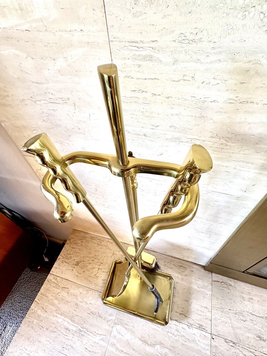 Fantastic Vintage Mid Century Modern 1960’s Solid Brass Chimney Fireplace Toolset tools irons MCM