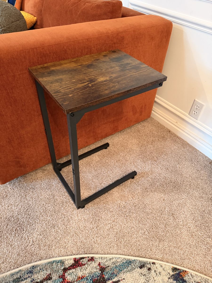 Industrial C-Shape Sofa Side Table - Rustic Brown Wood & Black Metal Frame