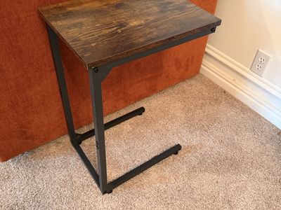Industrial C-Shape Sofa Side Table - Rustic Brown Wood & Black Metal Frame