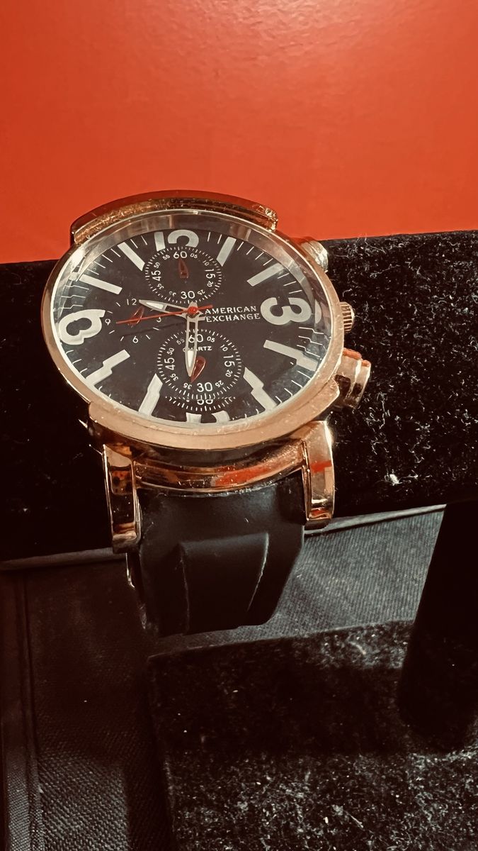 American Exchange Quartz Watch Black Dial Rose Gold Case Rubber Band