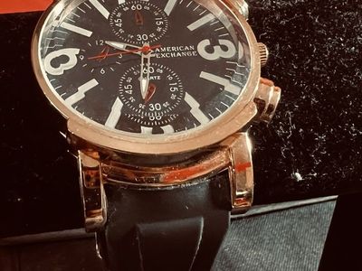 American Exchange Quartz Watch Black Dial Rose Gold Case Rubber Band