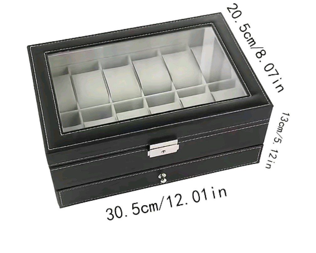 Dual-Layer 12-Slot PU Leather Watch and Jewelry Organizer Box with Glass Top and Lock, Black