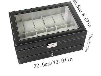 Dual-Layer 12-Slot PU Leather Watch and Jewelry Organizer Box with Glass Top and Lock, Black