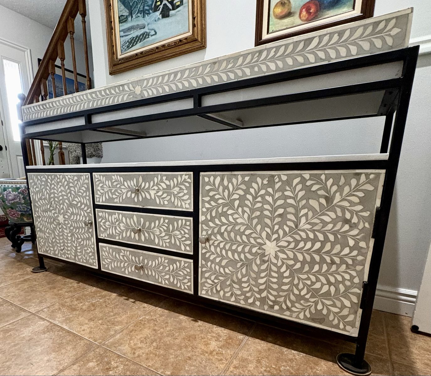 Stone Inlay Console Table/Credenza with Metal Frame