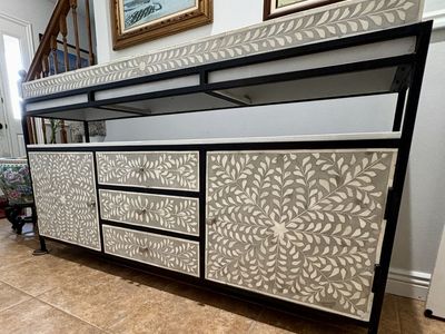 Stone Inlay Console Table/Credenza with Metal Frame