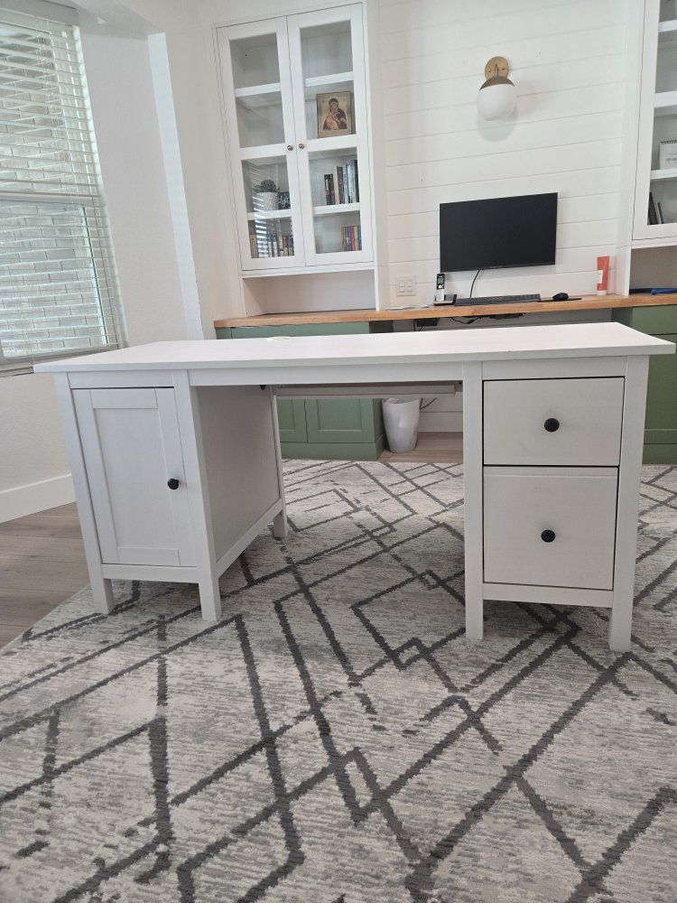 White Wooden IKEA Home Office Desk with Drawers and Storage Cabinet