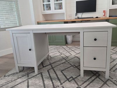 White Wooden IKEA Home Office Desk with Drawers and Storage Cabinet