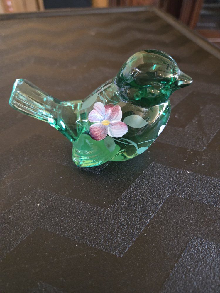 VTG Fenton Hand Painted Glass Bird Figurine Art Green with Pink Flowers