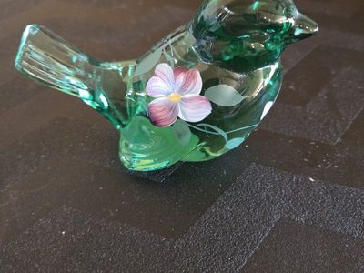 VTG Fenton Hand Painted Glass Bird Figurine Art Green with Pink Flowers