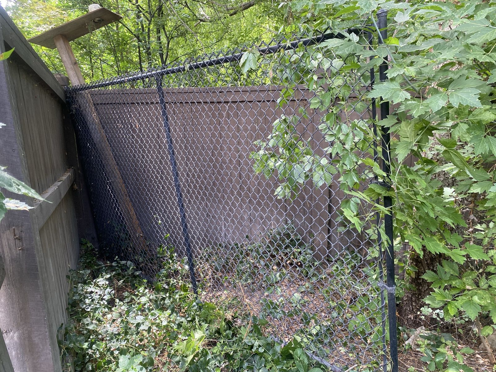 Double panel of black chain-link fence