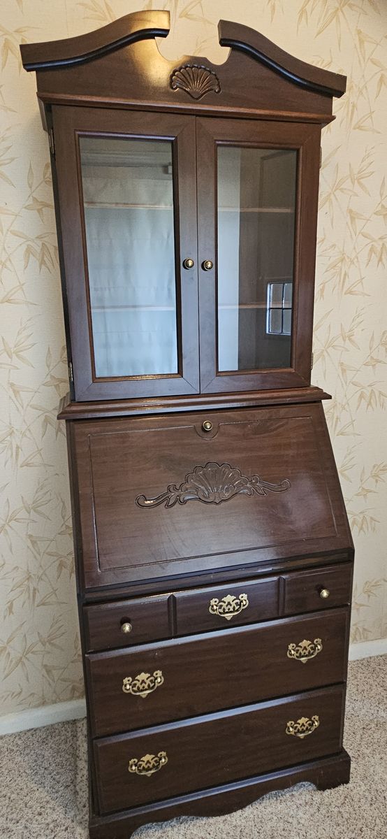 Secretary Desk with Hutch - Dark Wood Finish, Glass Doors, Carved Shell Detail