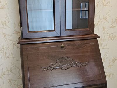 Secretary Desk with Hutch - Dark Wood Finish, Glass Doors, Carved Shell Detail