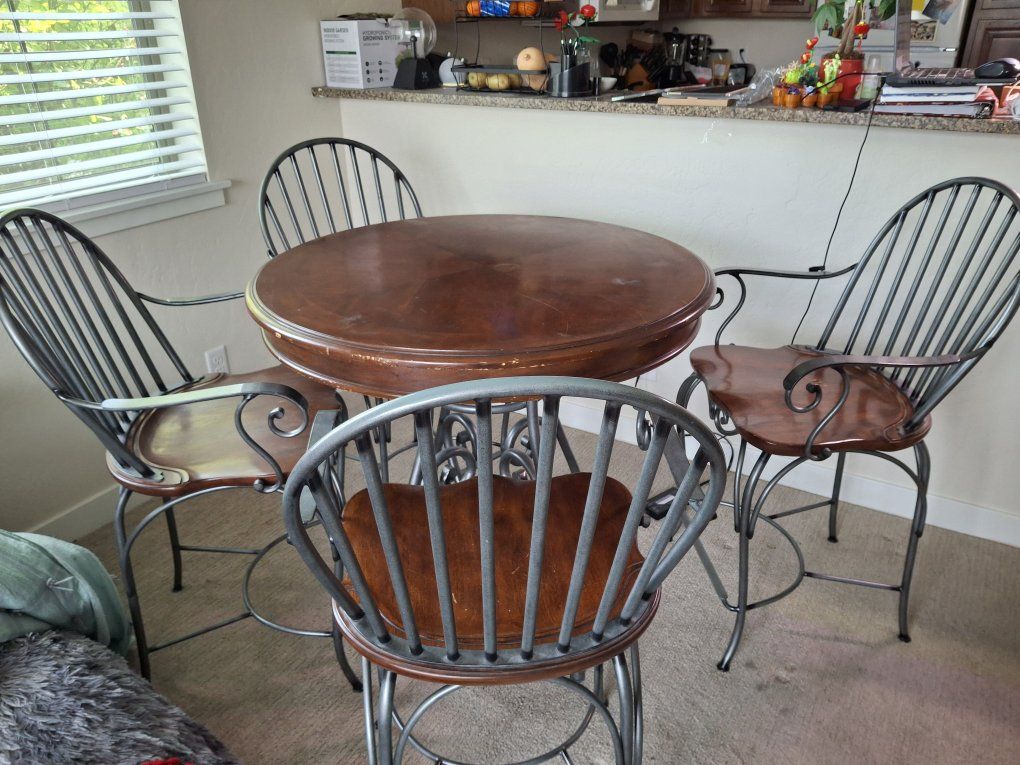 Rustic Wood & Metal Bar Height Dining Table with 4 Chairs - 36" Round