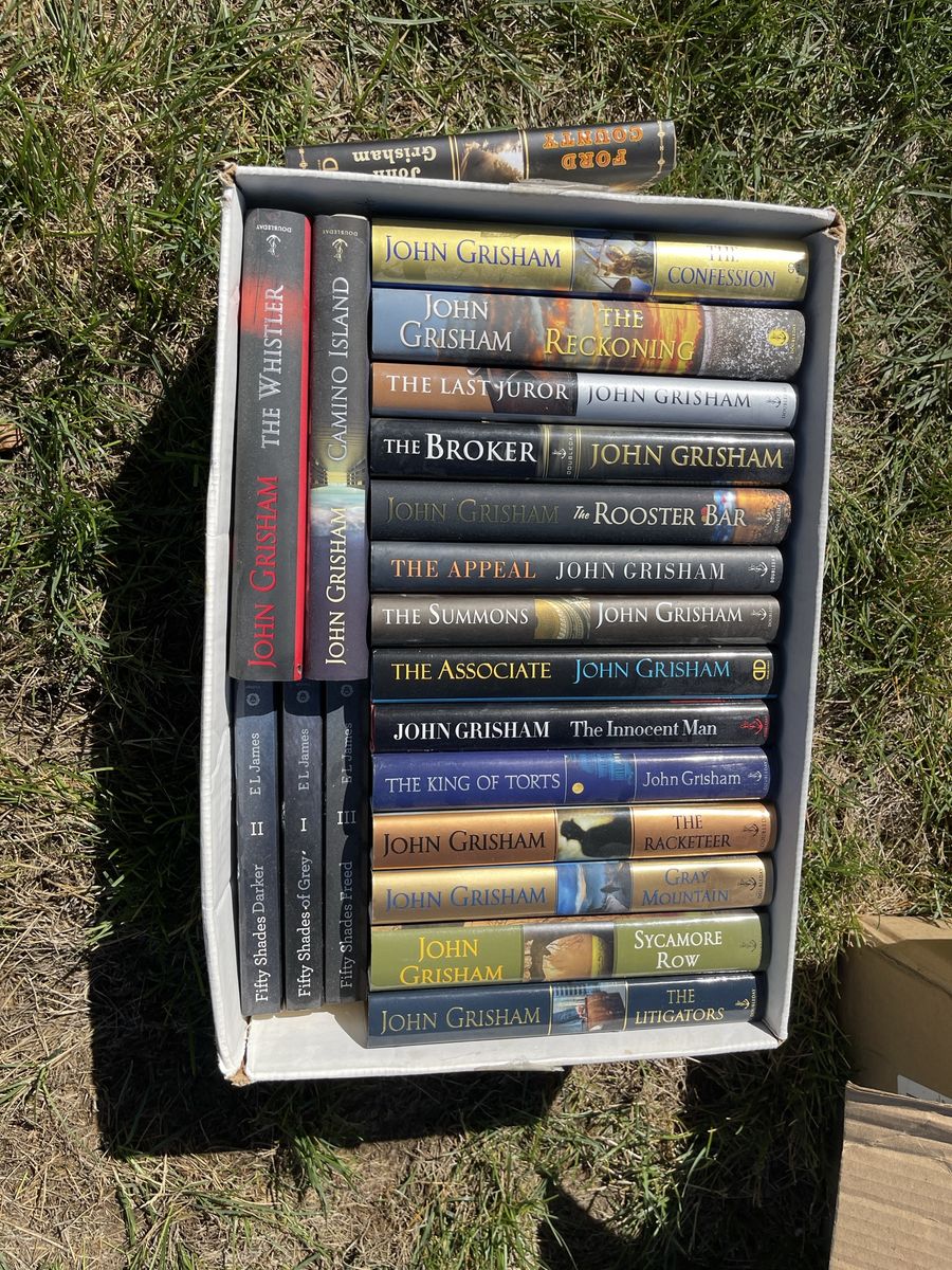 Box of John Grisham Novels and More Hardcover Books