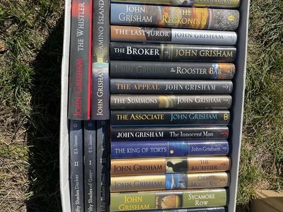 Box of John Grisham Novels and More Hardcover Books