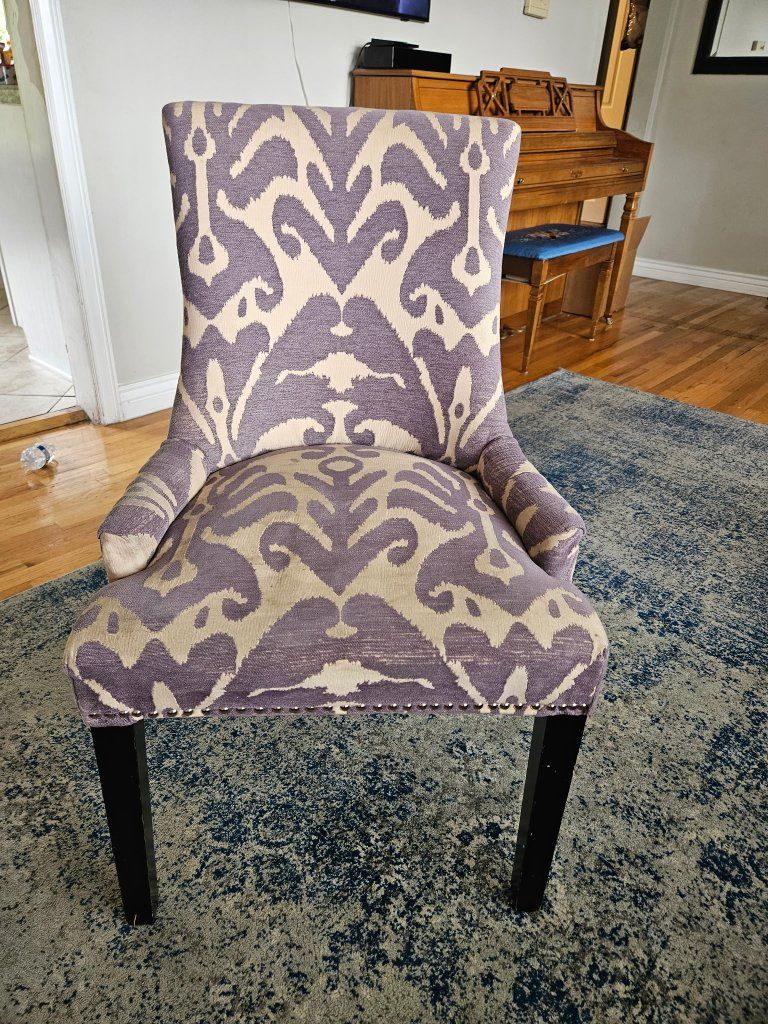 Upholstered Dining Accent Chair - Grey & Beige Ikat Pattern, Nailhead Trim, Wood Legs