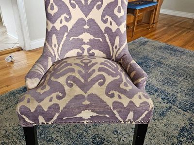 Upholstered Dining Accent Chair - Grey & Beige Ikat Pattern, Nailhead Trim, Wood Legs