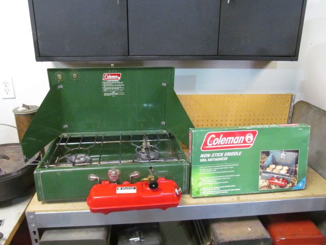 Camping ready Coleman stove and griddle