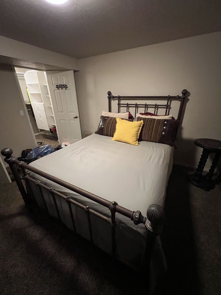 Bronze Metal Full Size Bed Frame, Mattress and Bedding