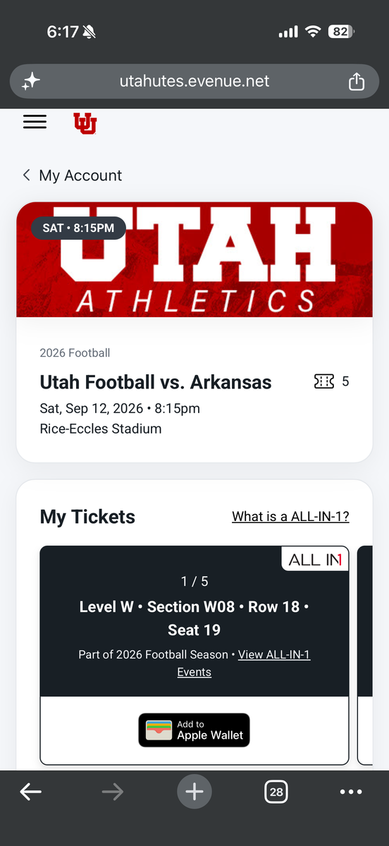 Utah vs Arkansas Football - 5 tickets Section W8 Row 18
