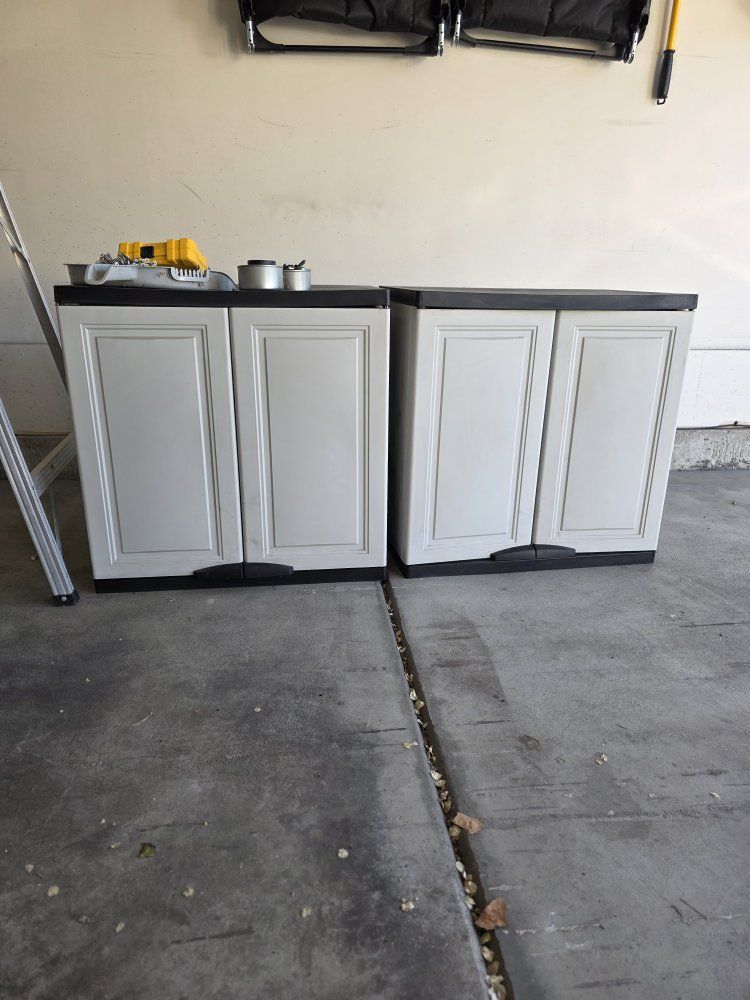Set of 2 Resin Storage Cabinets - Light Gray/Black Two-Door Cabinets