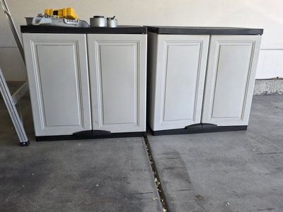 Set of 2 Resin Storage Cabinets - Light Gray/Black Two-Door Cabinets